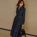 K Women's Fashion Denim Long Sleeved Breasted Waist Cinched Dress. No Belt Or Other Accessories._ecoleips.com