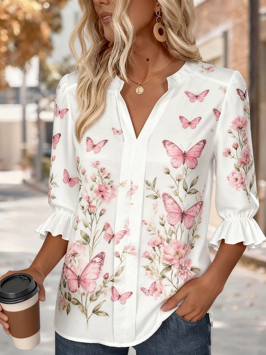 2026 Spring/Summer European And American Cross-Border Trade New Women's Casual Loose Fashion V-Neck Printed Shirt_ecoleips.com