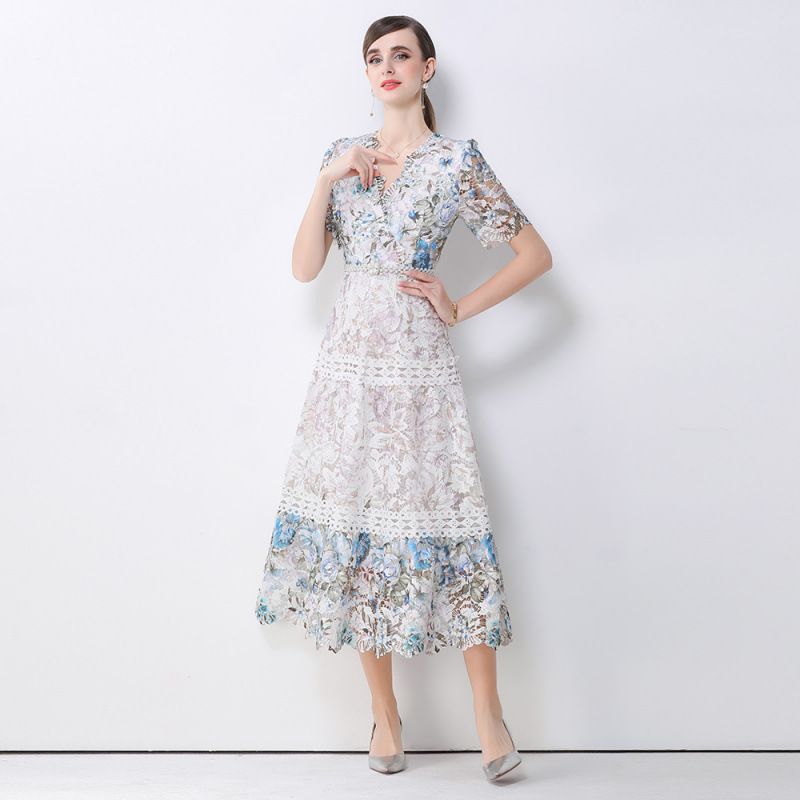 Women's Clothing Elegant French Retro Style Water Soluble Lace Dress For Women Heavy Duty Hollowed Out Long Skirt Slimming And Flattering_ecoleips.com