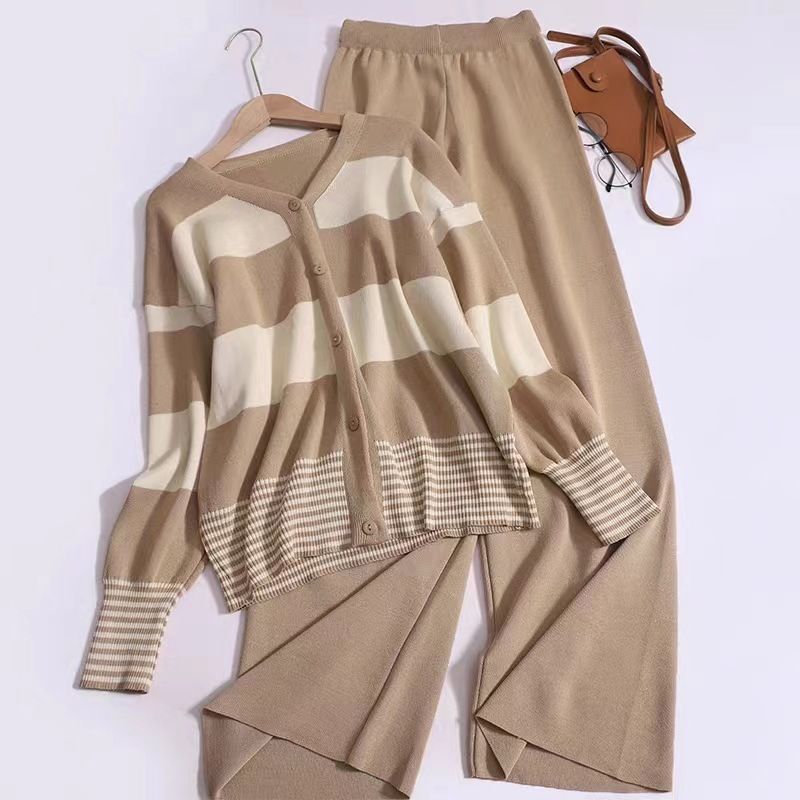 Women's Clothing Early Spring Stylish Age Reducing Striped V Neck Knitted Cardigan + Color High Waist Wide Leg Pants Fashionable Two Piece Suit_ecoleips.com