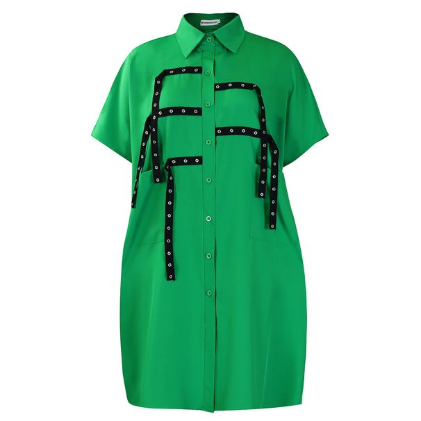Women's Fashionable Loose Collared Shirt D3334 Short Sleeved Mid Length Cross Border Dress 2025 Foreign Trade Clothing_ecoleips.com