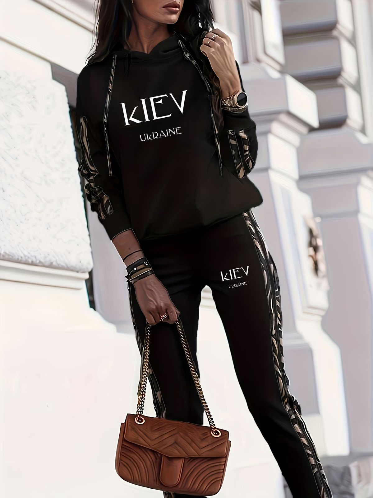 Spring Autumn Women's Loose Long Sleeve Hoodie And Sweatpants Set Drawstring Casual American Style Printed_ecoleips.com