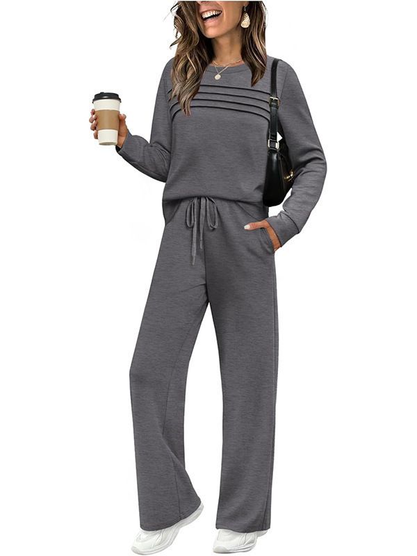 Women's Casual Lounge Set – Long Sleeve Round Neck Top & Elastic Waist Wide Leg Pants (S-5XL) In 8 Colors_ecoleips.com