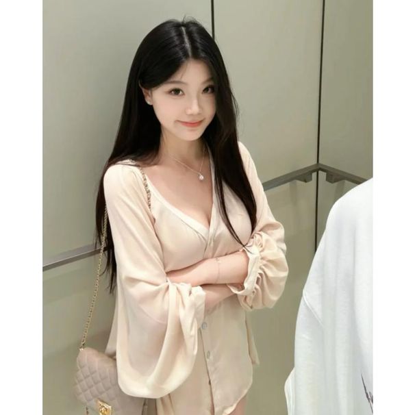 2026 New V-neck Casual Sun-protective Cover-up, Loose-fitting Long-sleeve Chiffon Shirt For Women In Early Spring_ecoleips.com