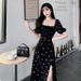 European And American Style Chiffon Plus Size High Waist Black Floral Waist-Cinching Split Puff Sleeve Dress For Women_ecoleips.com