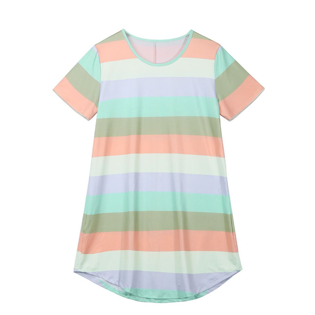 Spring And Summer Short Sleeve Rainbow Stripe Loose T-Shirt Pajamas Dress Large Size Spot_ecoleips.com
