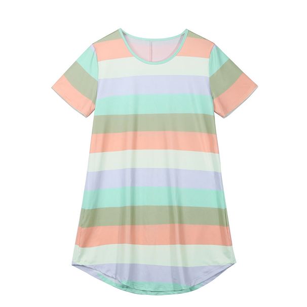 Spring And Summer Short Sleeve Rainbow Stripe Loose T-Shirt Pajamas Dress Large Size Spot_ecoleips.com