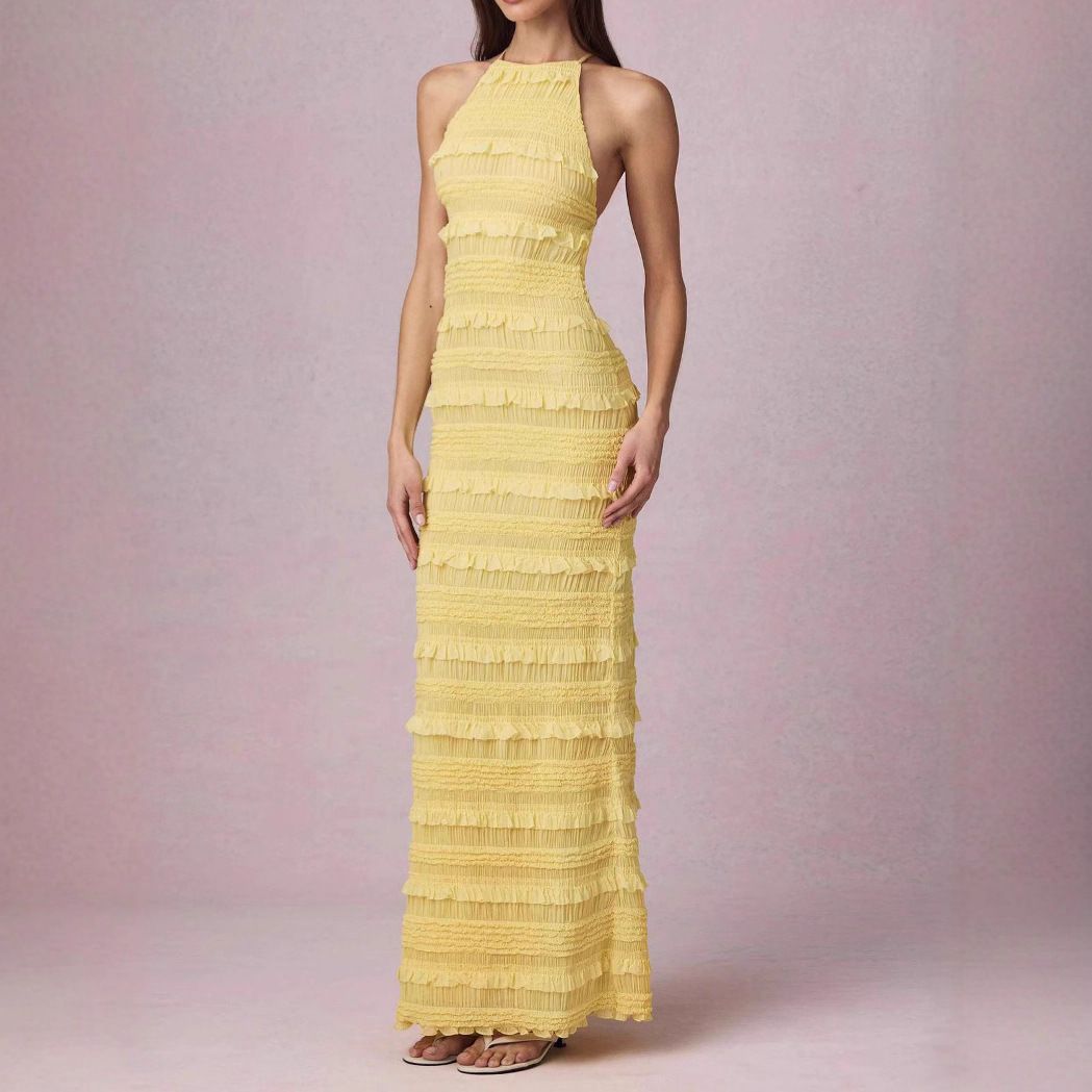Women's Sexy Halter Backless Ruffled Fringe Bodycon Maxi Dress – Evening Party Gown_ecoleips.com