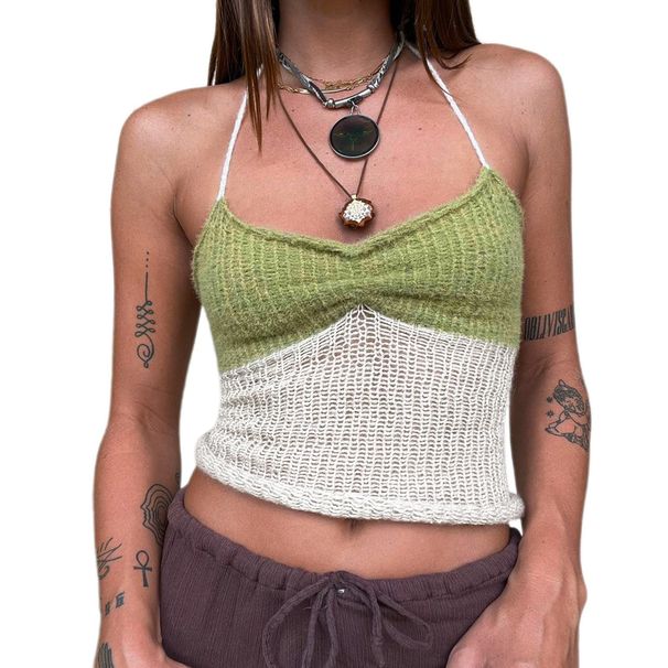 European And American Fashion INS Women's Knitted Wool Vest With Straps, Patchwork Beach Tank Top, Y2K Street Style_ecoleips.com