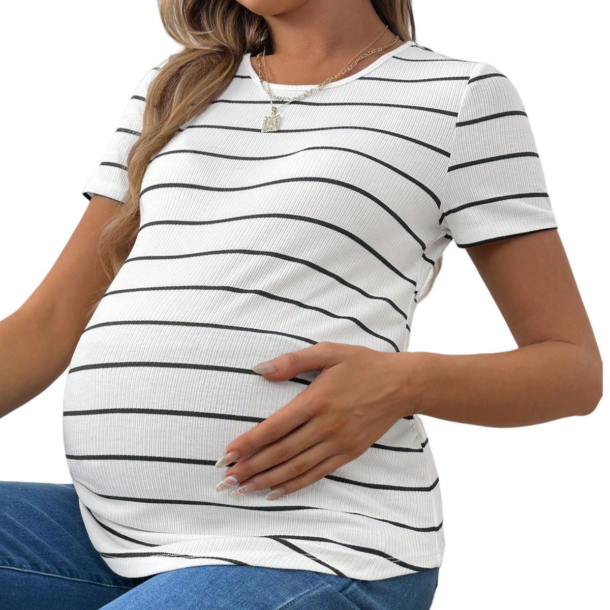 Women's Clothing Summer New Pregnant Women Striped Round Neck Casual Slim Fit Top With Rounded Hem And Loose Short Sleeves_ecoleips.com