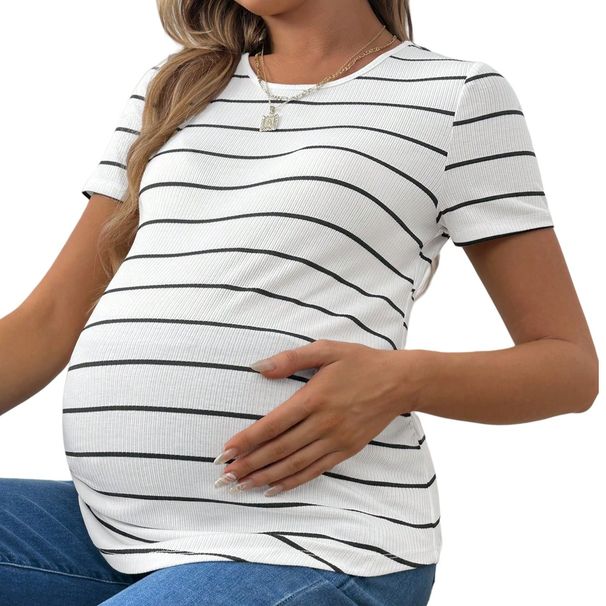 Women's Clothing Summer New Pregnant Women Striped Round Neck Casual Slim Fit Top With Rounded Hem And Loose Short Sleeves_ecoleips.com
