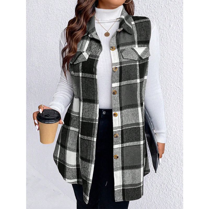 "Plaid Sleeveless Vest Coat – Wool Blend Women’s Outerwear (Black, Khaki, Red, XL-4XL)"_ecoleips.com