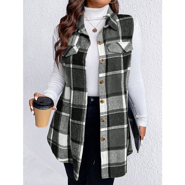 "Plaid Sleeveless Vest Coat – Wool Blend Women’s Outerwear (Black, Khaki, Red, XL-4XL)"_ecoleips.com