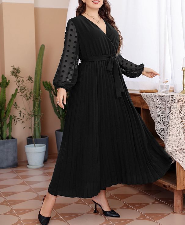 Elegant Mesh Panel Maxi Dress For Women V-Neck Long Sleeve Plus Size Dress (0XL-4XL) | Breathable Polyester A-Line Dress For Work & Evening_ecoleips.com