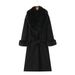 Fashion Temperament Big Fur Collar Black Woolen Coat Women's Autumn And Winter Belt Waist Long Woolen Coat_ecoleips.com