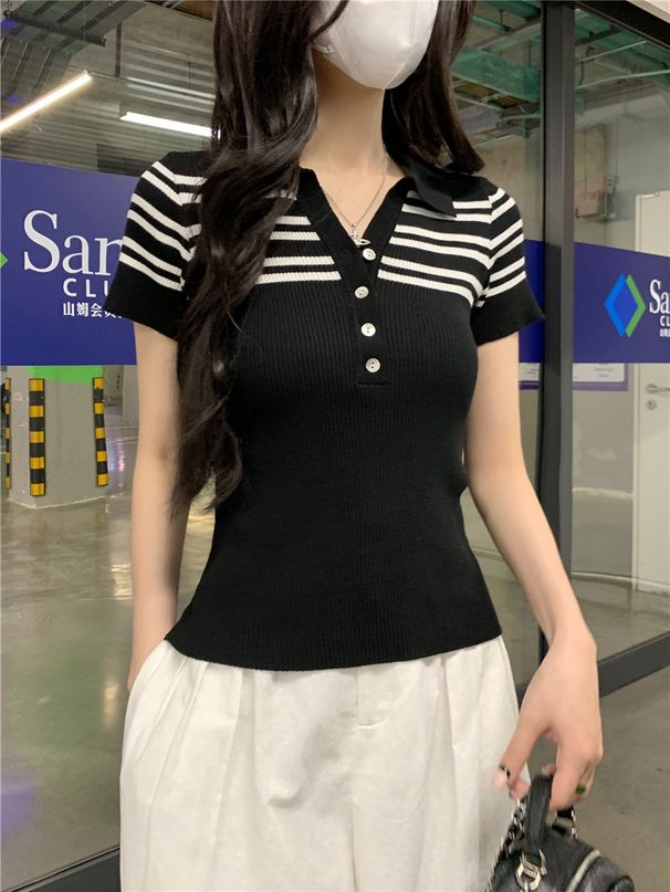 Women's Slim Fit Striped Polo Short Sleeve T-Shirt Button-Down Collar Summer Top_ecoleips.com