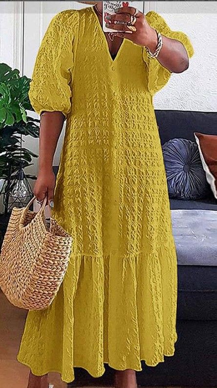 Women's Clothing Summer New Woven Solid Color V Neck Button Pleated Loose Casual Dress_ecoleips.com