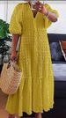 Women's Clothing Summer New Woven Solid Color V Neck Button Pleated Loose Casual Dress_ecoleips.com