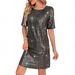 Women's round Neck Sequined Dress OM10245 European American Style Cross Border Foreign Trade Waist Cinching Short Sleeve Sparkling Dress_ecoleips.com
