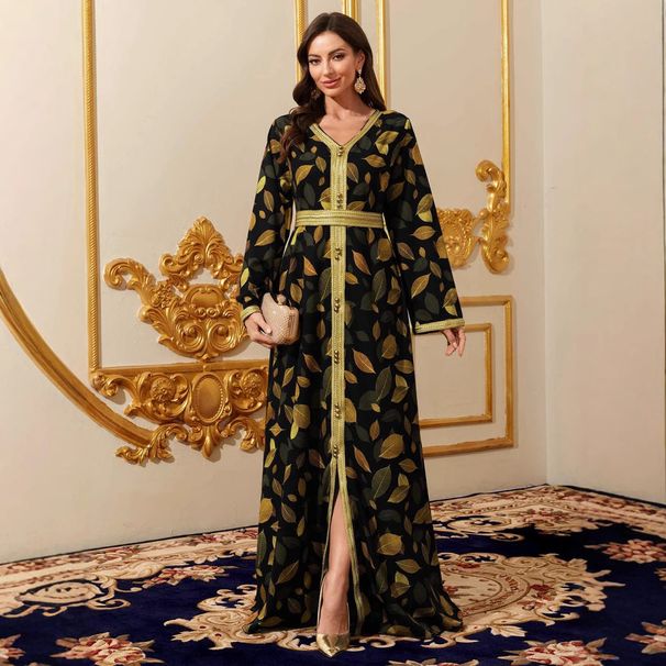 Women's Clothing Women's Fashion V Neck Long Sleeved Printed Dress_ecoleips.com