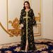 Muslim Abaya Women Fashion V Neck Long Sleeve Printed Dress_ecoleips.com
