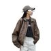 Vintage Brown Biker Jacket For Women - Retro Faux Leather Motorcycle Coat, Short Sleeveless Polo Collar, Slim Fit Fashion Outerwear (Black/Brown)_ecoleips.com