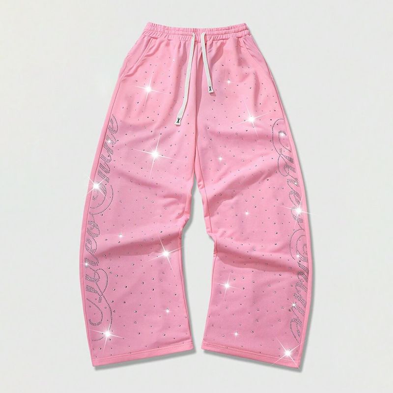 Urban Streetwear Distressed Denim Pants With Rhinestone Star & Rose Embroidery - Elastic Waist Drawstring Wide Leg Joggers For Men & Women_ecoleips.com