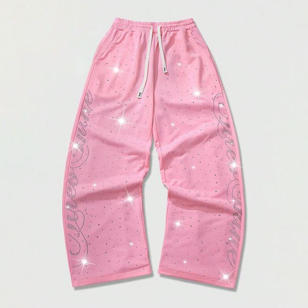 Urban Streetwear Distressed Denim Pants With Rhinestone Star & Rose Embroidery - Elastic Waist Drawstring Wide Leg Joggers For Men & Women_ecoleips.com