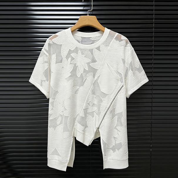Women's Street Style Irregular Diagonal Zipper Printed Knit Top Short Sleeve Hollowed Out Design Trendy Summer_ecoleips.com