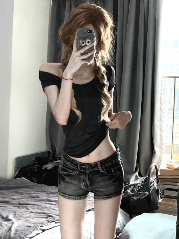 Women's Black And Gray Low Rise Denim Shorts Retro Washed Stretch Bodycon Style Summer Hot Pants_ecoleips.com