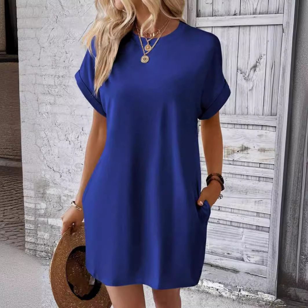 Aria Basics Aria Basics Cross-Border Foreign Trade 2024 Summer European And American Plus Size Women's Casual Solid Color Round Neck_ecoleips.com