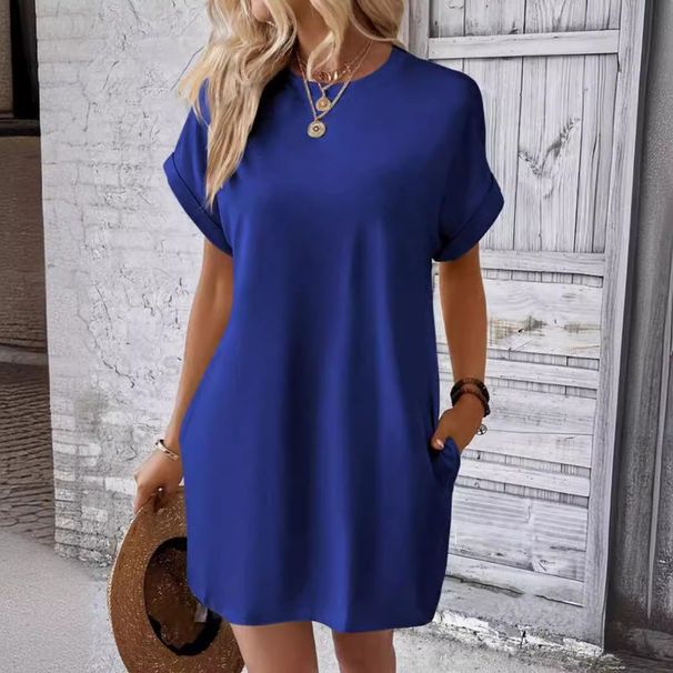 Aria Basics Aria Basics Cross-Border Foreign Trade 2024 Summer European And American Plus Size Women's Casual Solid Color Round Neck_ecoleips.com