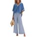 Women's V Neck Striped Wide Leg Pants Suit Two Piece Set European American Style Independent Website High End Faux Linen Summer Cross Border_ecoleips.com