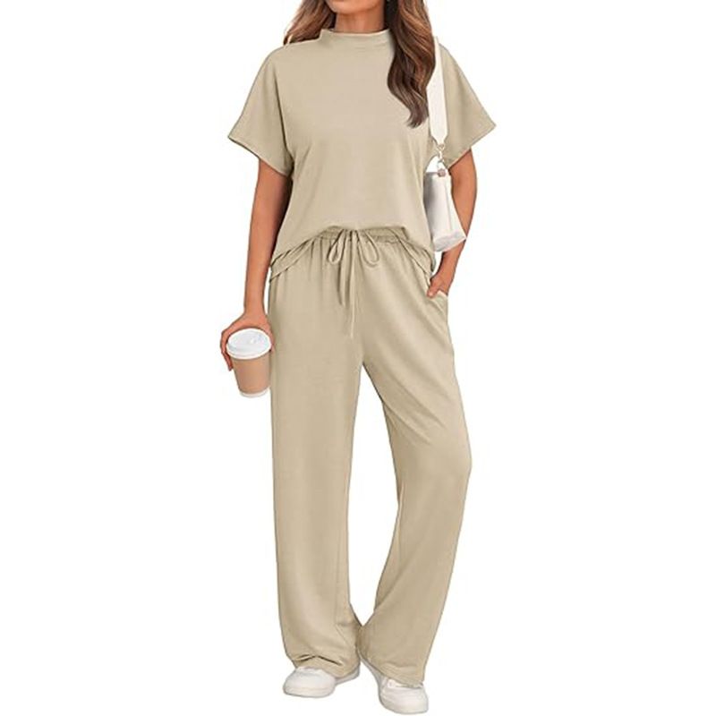 Women's Clothing Gray Round Neck Short Sleeved T Shirt With Lace Up Wide Leg Trousers Loose And Comfortable Running Sports Suit_ecoleips.com