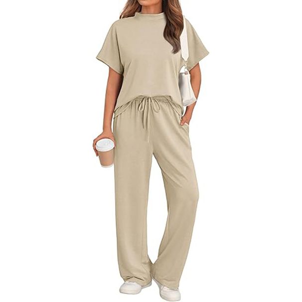 Fashion Casual European And American Style Gray Round Neck Short Sleeve T-Shirt With Tie Wide Leg Long Pants Loose_ecoleips.com