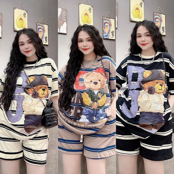 Women's Striped Cartoon Loose Fit Short Sleeve Two Piece Set Summer Casual Sports Suit Bear Pattern_ecoleips.com