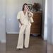 Women's Clothing Sweet Atmosphere Pure Color V Neck Bubble Short Sleeve Lace Up Trousers Suit_ecoleips.com