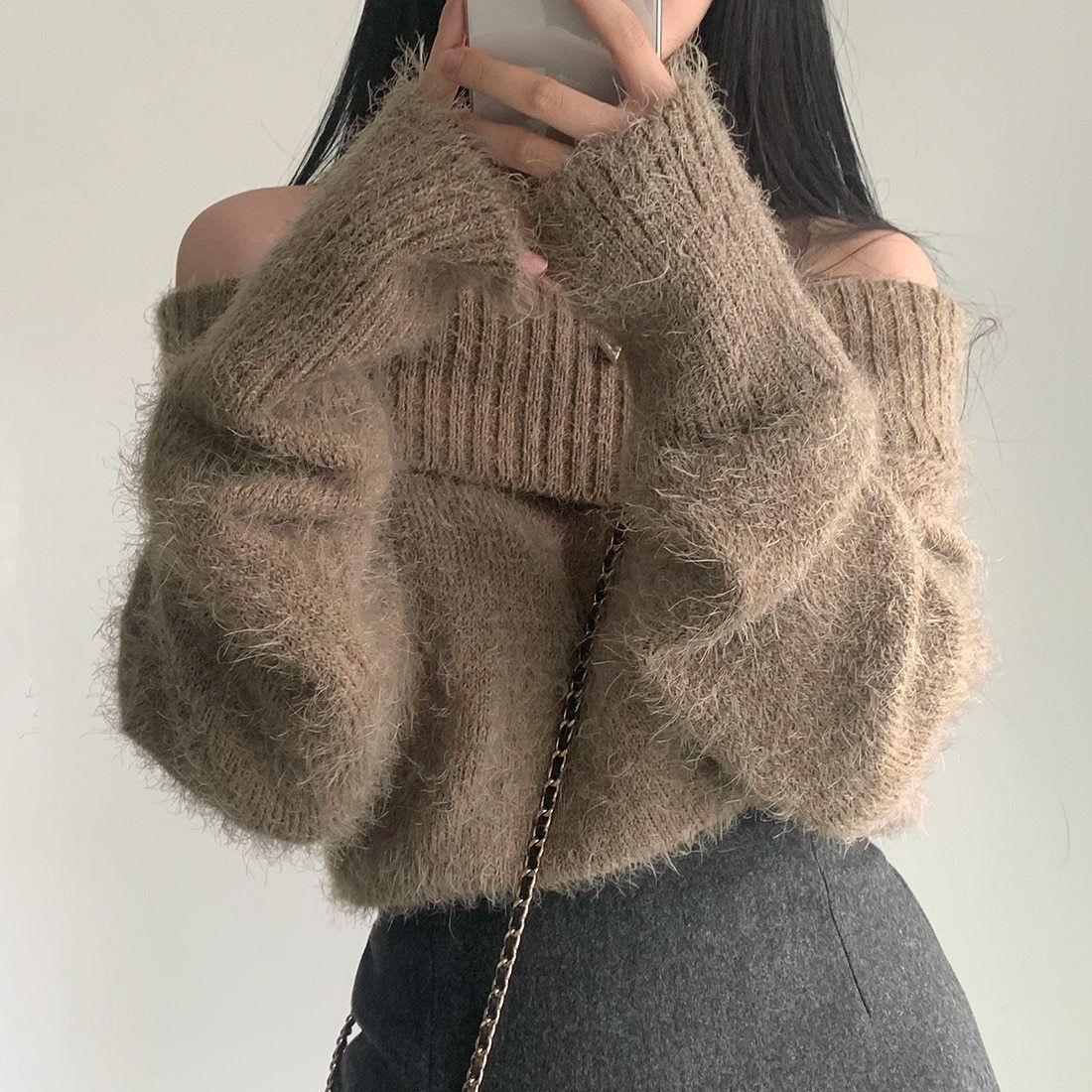 Women's Clothing Chic Off-Shoulder Knit Sweater Women's Fashion Faux Mink Top Loose Fit Long Sleeve Elegant Neck Winter Warm_ecoleips.com