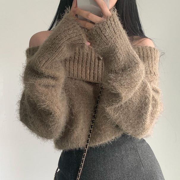 Women's Clothing Chic Off-Shoulder Knit Sweater Women's Fashion Faux Mink Top Loose Fit Long Sleeve Elegant Neck Winter Warm_ecoleips.com