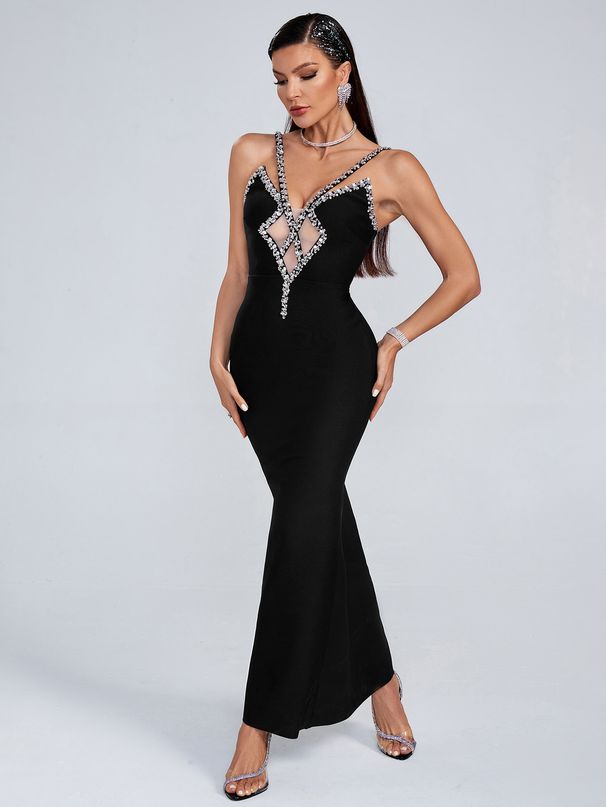 V-Neck Mesh Bandage Strap Dress With Rhinestones – Sexy Backless Evening Gown For Women Women's Clothing_ecoleips.com
