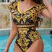 Women's Retro Court Style One Piece Swimsuit Gold Print V Neck Flutter Sleeves Hollowed Out Design For Resorts And Hot Springs_ecoleips.com