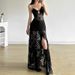 2025 Summer New Women's Clothing Sexy Pure Black Lace Hollow High Slit Dress_ecoleips.com