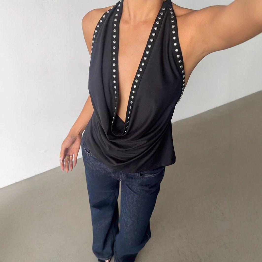 Women's Sleeveless Halter Neck Top Deep V Backless Slim Fit Casual Studded Design European American Style_ecoleips.com