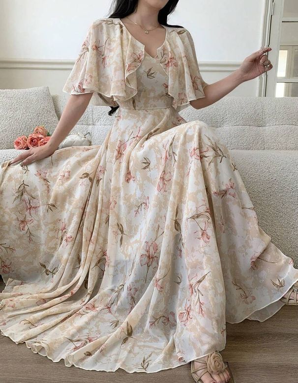 Pink Floral Vacation-Style Long Dress, Elegant And Gentle Printed Large Hem Dress For Women_ecoleips.com