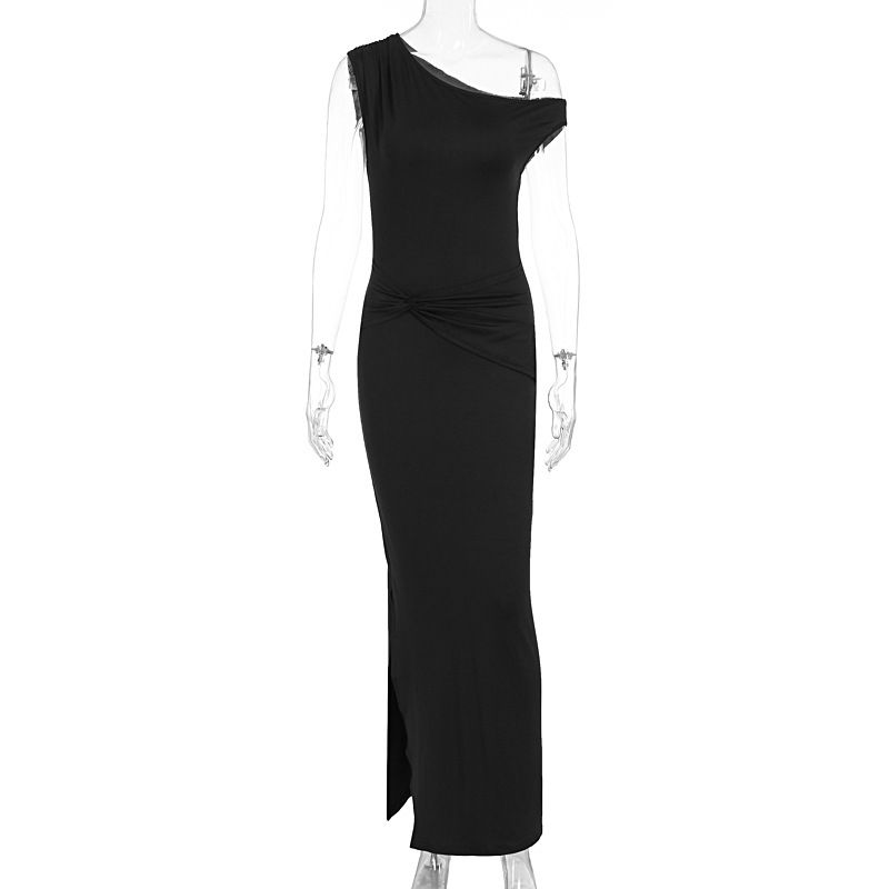 Fashion New Arrival Women Dress Minimalist Intellectual One Shoulder Slim Waisted Ruched Split Hem Dress Elegant Ladies Party Dress_ecoleips.com