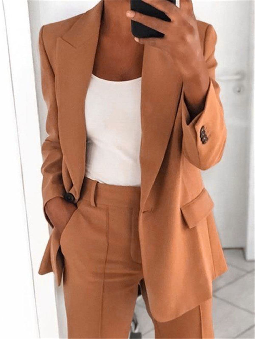 Women's Fashion Lapel Cardigan Temperament Suit Jacket Pants Suit_ecoleips.com