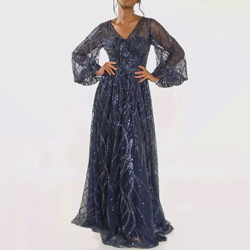 Women's Clothing Sequin Dress Simple V Neck Tassel Sequin Lace Up Long Party Dress_ecoleips.com