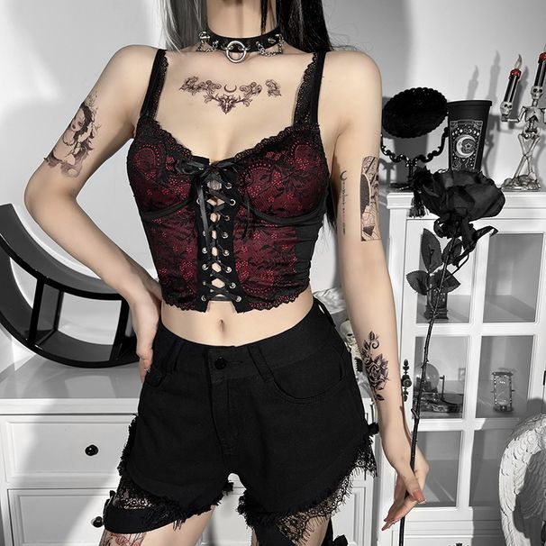 Women's Dark Style Camisole Early Spring New Lace Trim Backless Tie up Vest Top_ecoleips.com