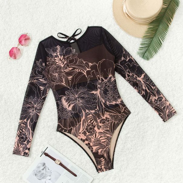K Sexy Mesh One-piece Swimsuit With Positioning Print; No Glasses Or Other Accessories_ecoleips.com