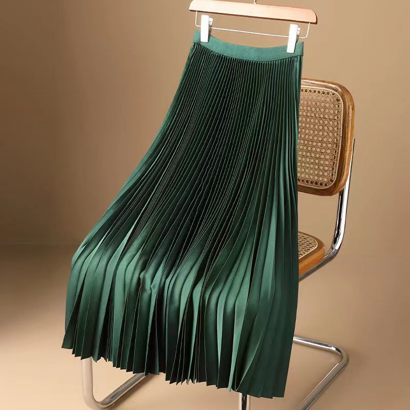 Women's Clothing Satin High-grade Solid Color Pleated Skirt Thin Mid-length Over-the-knee High-waist A-line Skirt_ecoleips.com